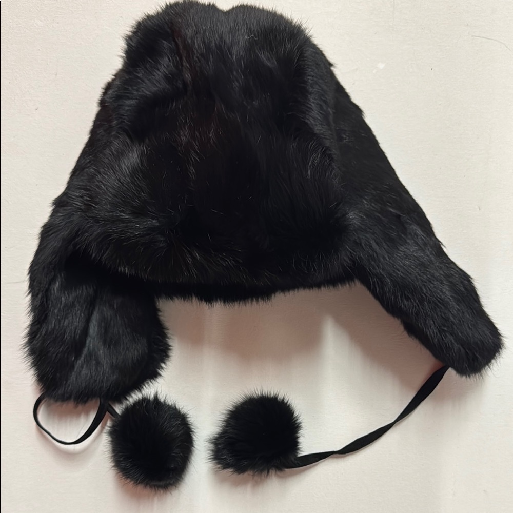 Saks Fifth Avenue Black Fur Trapper Hat with Ear Flaps